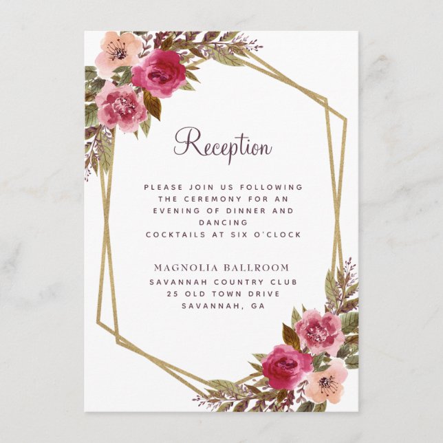 Tarjeta De Recepción Cassis Morado Floral Dorado Frame Wedding Recepció (Anverso)