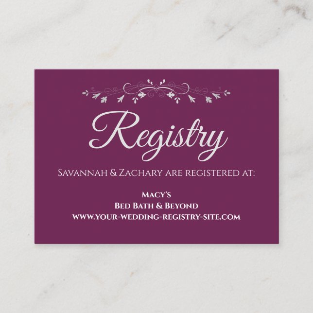 Tarjeta De Recepción Cassis Registro de Bodas Elegantes Morado y Plata (Anverso)