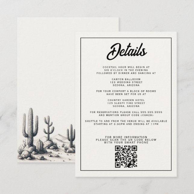 Tarjeta De Recepción Casual Cactus Boda (Anverso / Reverso)