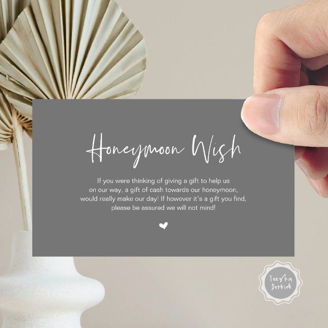 Tarjeta De Recepción Casual Elegance Boda Honeymoon Wish (Honeymoon Wish Enclosure Card, in Modern minimal, casual elegance script, cash fund, in Dark Grey)