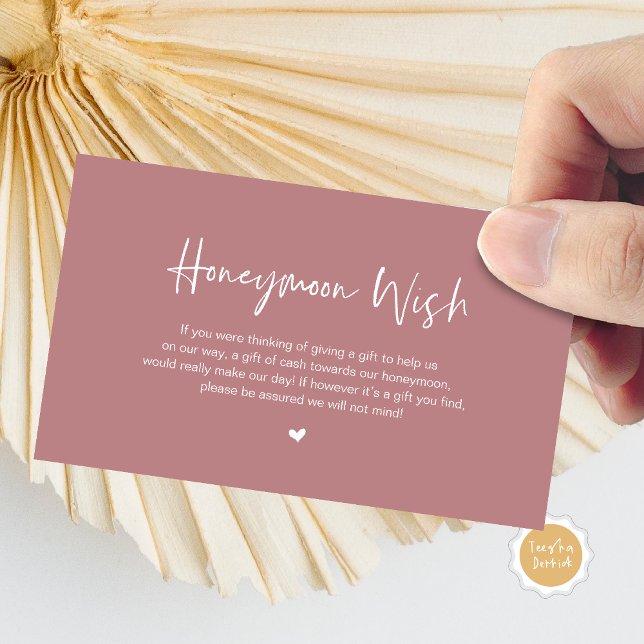 Tarjeta De Recepción Casual Elegance Boda Honeymoon Wish (Honeymoon Wish Enclosure Card, in Modern minimal, casual elegance script, cash fund, in Dusty rose)