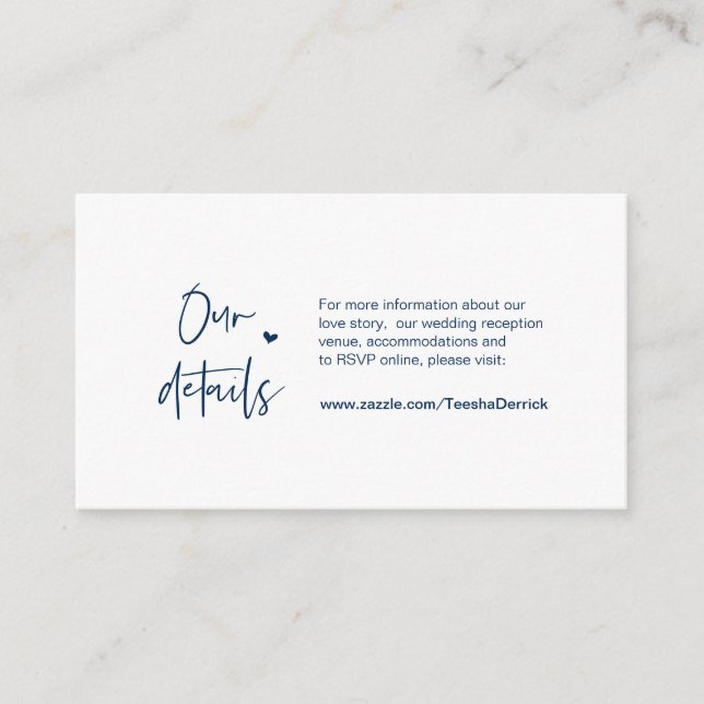 Tarjeta De Recepción Casual, Minimal, Azul marino, detalles Bodas (Anverso)