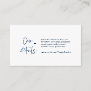 Tarjeta De Recepción Casual, Minimal, Azul marino, detalles Bodas