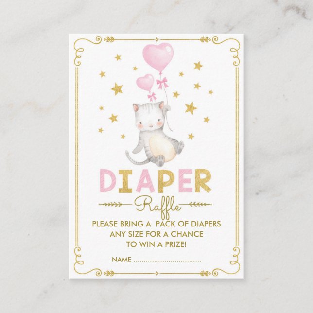 Tarjeta De Recepción Cat Diaper Raffle Chica Kitten Pink Gold Star Baby (Anverso)