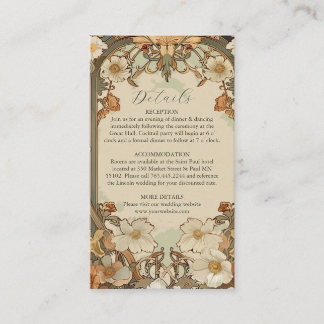 Tarjeta De Recepción Celebración Art Nouveau de Bodas florales (Anverso)