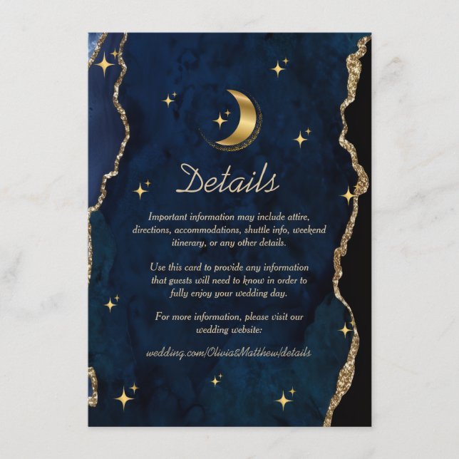 Tarjeta De Recepción Celestial Blue Wedding Midnight Stars Moon  (Anverso)