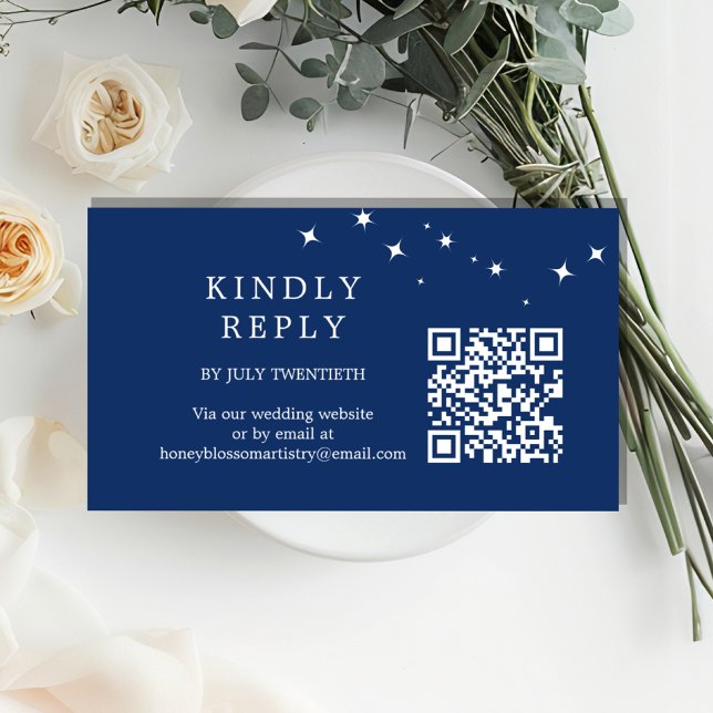 Tarjeta De Recepción Celestial Elegant Wedding Navy Blue QR Code RSVP (Subido por el creador)