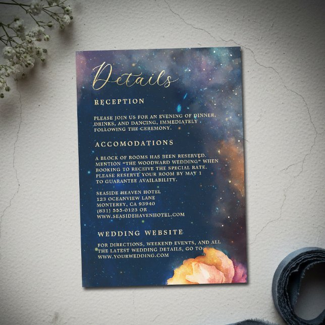 Tarjeta De Recepción Celestial Floral Galaxy Navy Blue Wedding Details (celestial floral galaxy wedding details watercolor navy blue peach pink blush elegant romantic)
