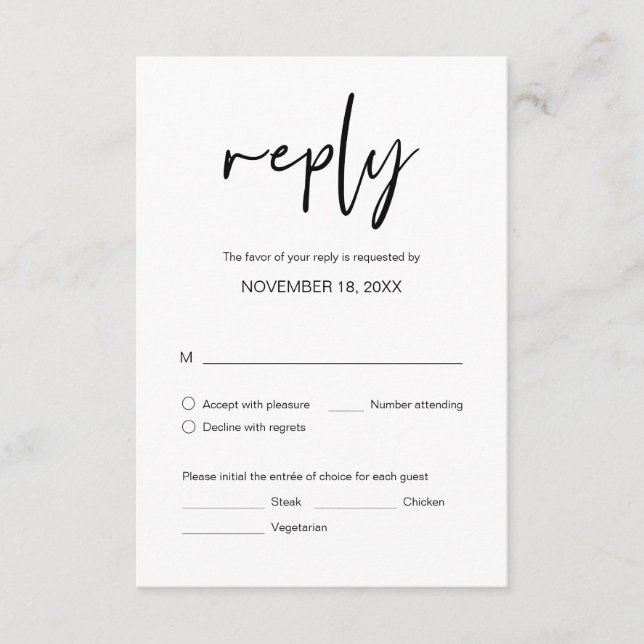 Tarjeta De Recepción Cena boda RSVP, con opciones de comida Gabinete C (Anverso)