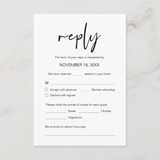 Tarjeta De Recepción Cena boda RSVP, opciones de comida, petición de ca (Anverso)