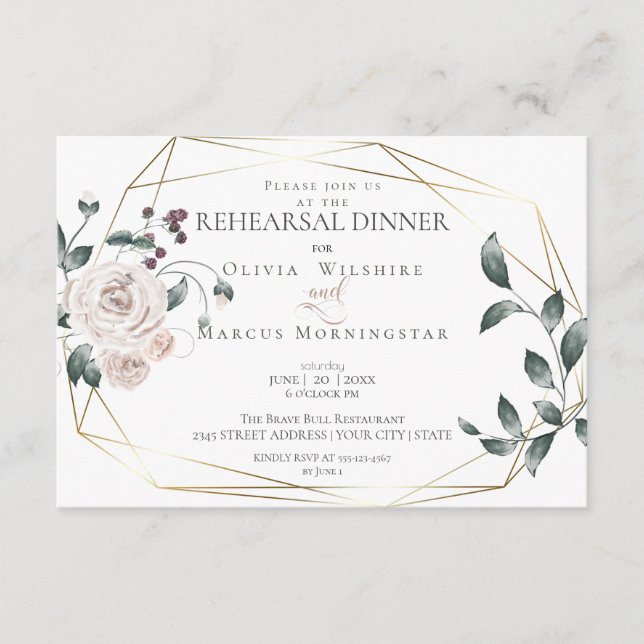Tarjeta De Recepción Cena de ensayo | Floral Rosa Rubor acuarela (Anverso)