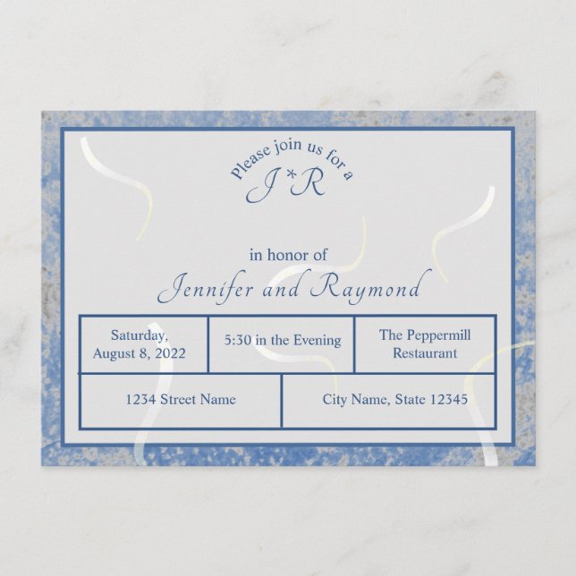 Tarjeta De Recepción Cena de ensayo monogramada de mármol azul y gris (Anverso)