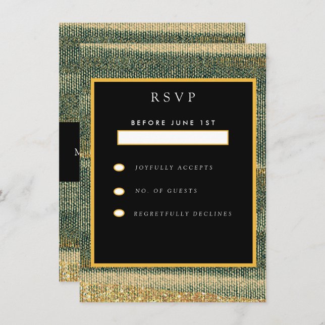 Tarjeta De Recepción Cepillo verde elegante con oro y negro (Anverso / Reverso)