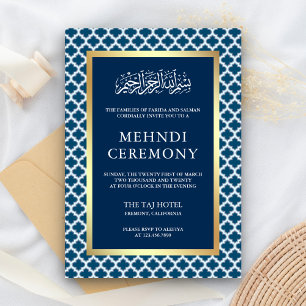 Tarjeta De Recepción Ceremonia de Mehndi islámica de cuatro hojas azul