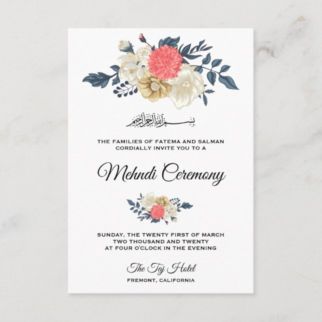 Tarjeta De Recepción Ceremonia Mehndi islámica de color elegante (Anverso)