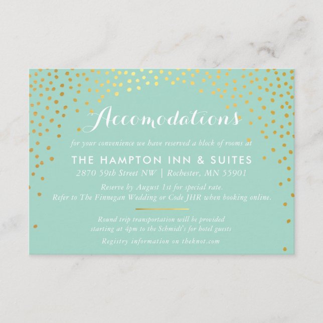 Tarjeta De Recepción CERRAMIENTO chic rustico mini confeti dorado menta (Anverso)