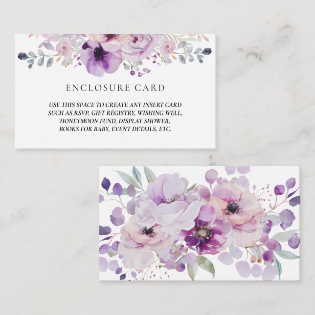 TARJETA DE RECEPCIÓN CERRAMIENTO FLORAL DE ACUARELA LILA LAVANDA MORADO (Anverso / Reverso)