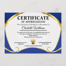 Tarjeta De Recepción Certificate of Appreciation Blue Gold Elegant