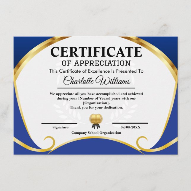 Tarjeta De Recepción Certificate of Appreciation Blue Gold Elegant (Anverso)