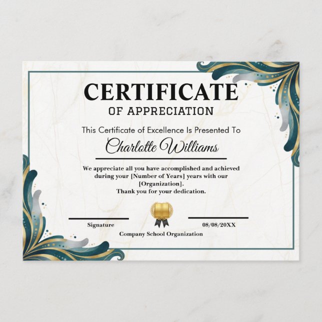 Tarjeta De Recepción Certificate of Appreciation Editable Award Templat (Anverso)