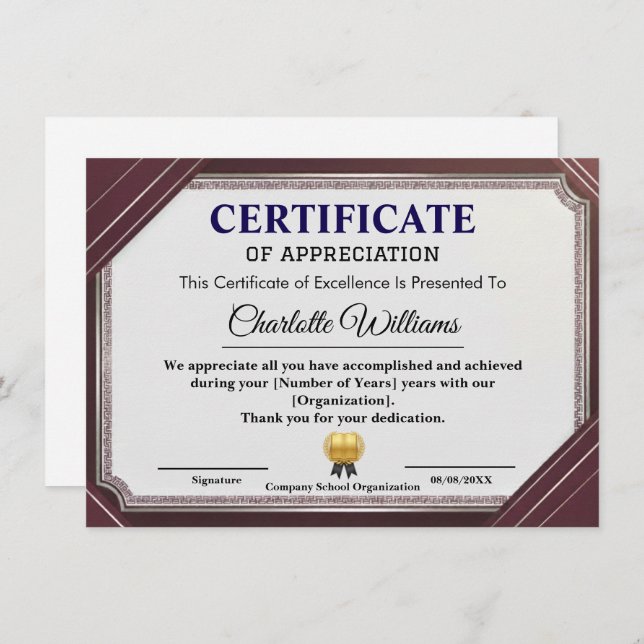 Tarjeta De Recepción Certificate of Appreciation Professional Elegant (Anverso / Reverso)