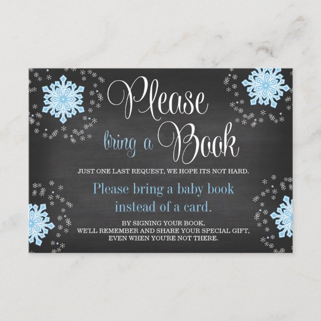 Tarjeta De Recepción Chalkboard Blue Snowflake Baby Shower trae un libr (Anverso)