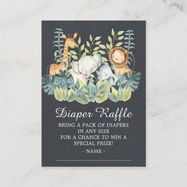 Tarjeta De Recepción Chalkboard Jungle Animal Baby Shower Diaper Raffle (Anverso)