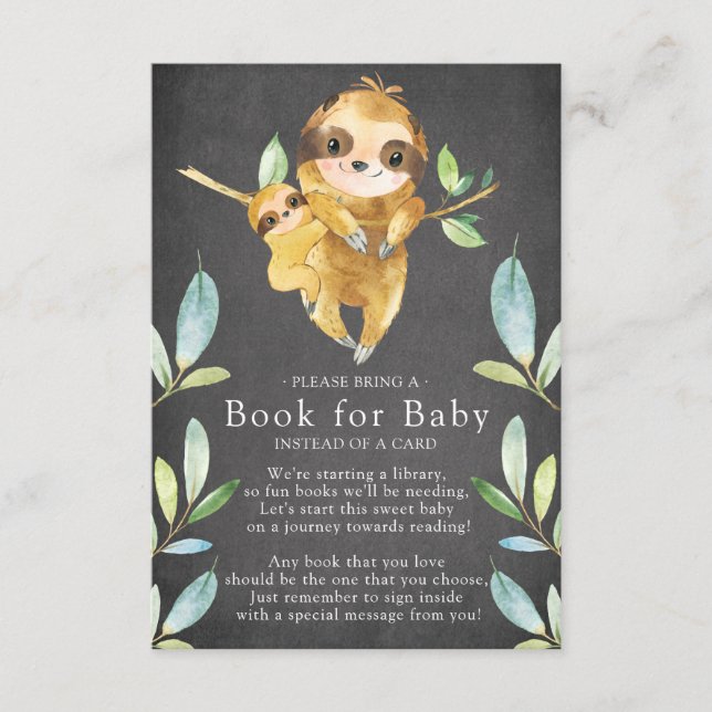 Tarjeta De Recepción Chalkboard Sloth Baby Shower Book for Baby Card (Anverso)