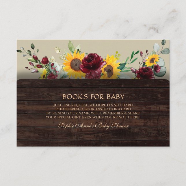 Tarjeta De Recepción Charm Burgundy Sunflowers Books Para Baby Shower (Anverso)