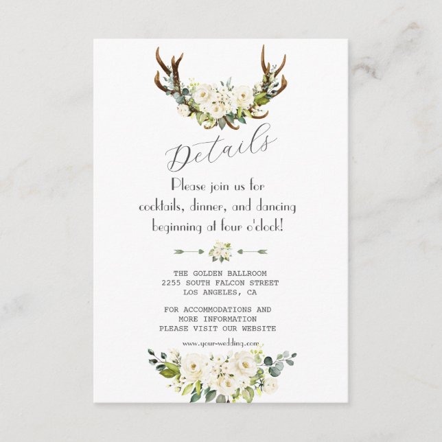 Tarjeta De Recepción Charm Ivory Cream Flores Antlers Bodas Detalles (Anverso)