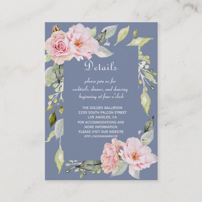 Tarjeta De Recepción Charm Pink Floral Dusty Blue Boda (Anverso)