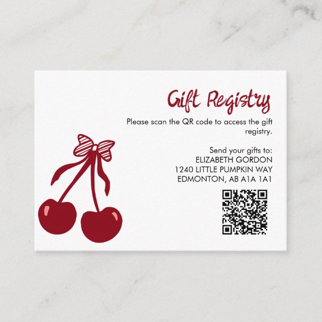 Tarjeta De Recepción Cherry Baby Shower Gift Registry QR Code Sweet Bow (Anverso)