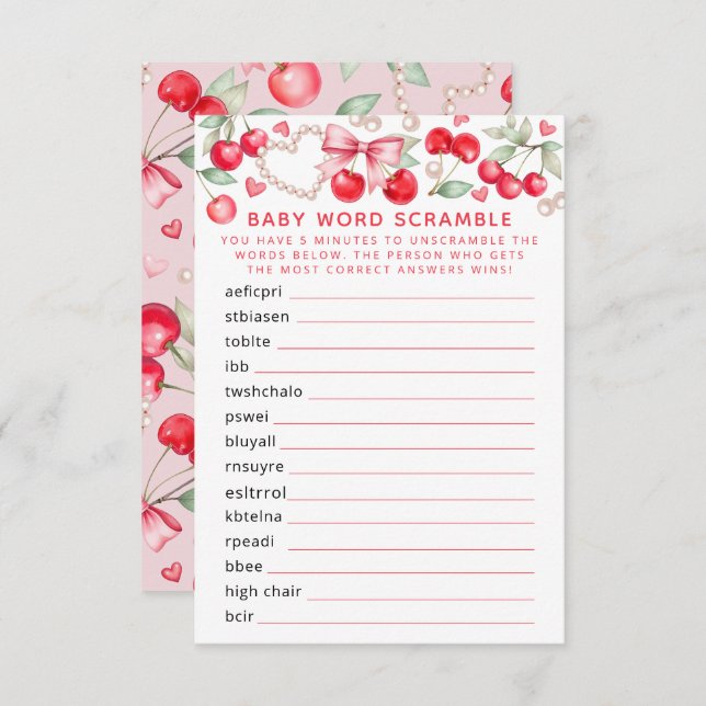 Tarjeta De Recepción Cherry Baby Shower Word Scramble Game (Anverso / Reverso)