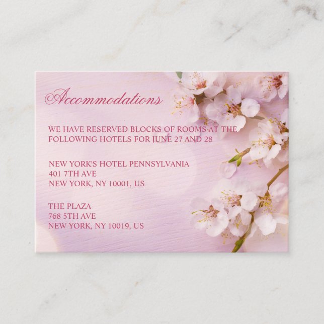Tarjeta De Recepción Cherry Blossom Elegant Wedding Accommodation Cards (Anverso)
