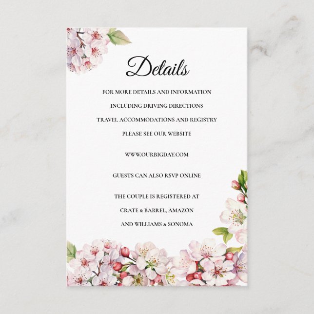 Tarjeta De Recepción Cherry Blossom floral Enclosure Card Details (Anverso)