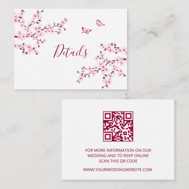 Tarjeta De Recepción Cherry Blossom Pink White Wedding QR Code Details (Anverso / Reverso)