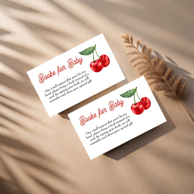 Tarjeta De Recepción Cherry en la parte superior de la cinta solicitud  (Cherry on top red ribbon cherry baby shower book request enclosure cards  books for baby cards)