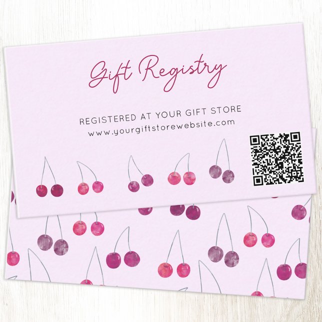 Tarjeta De Recepción Cherry Pink Baby Shower Registro de Regalos QR Cód (Cherry pink custom text QR code gift registry enclosure card)