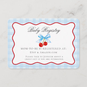 Tarjeta De Recepción Cherry Sweet Blue Coquette Bow Baby Registry Card