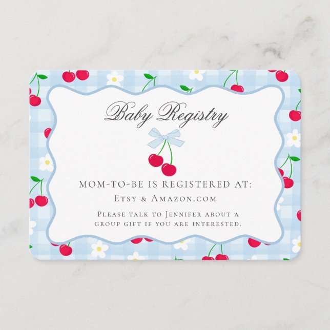 Tarjeta De Recepción Cherry Sweet Blue Coquette Bow Baby Registry Card (Anverso)