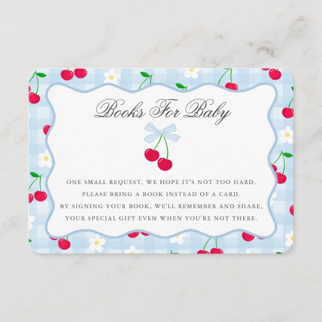 Tarjeta De Recepción Cherry Sweet Blue Coquette Bow Books para la tarje (Anverso)
