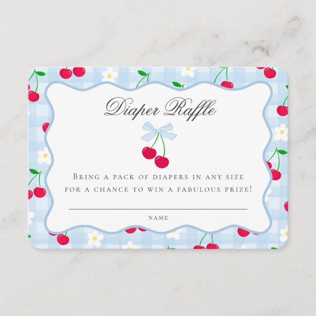Tarjeta De Recepción Cherry Sweet Blue Coquette Bow Diaper Raffle Card (Anverso)