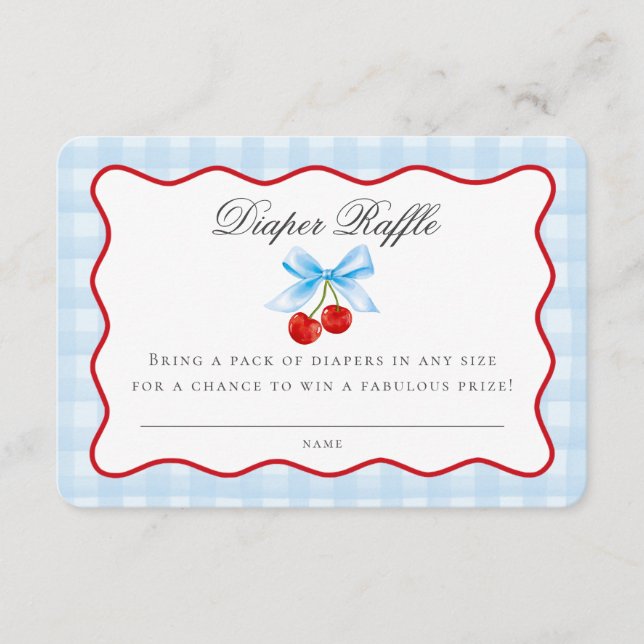 Tarjeta De Recepción Cherry Sweet Blue Coquette Bow Diaper Raffle Card (Anverso)