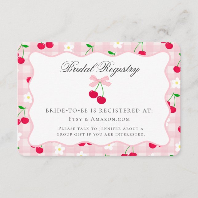 Tarjeta De Recepción Cherry Sweet Pink Coquette Bow Bridal Registry (Anverso)
