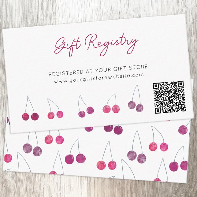 Tarjeta De Recepción Cherry Watercolo Baby Shower Gift Registry QR Code (Baby shower cherry design QR code custom text gift registry enclosure card)