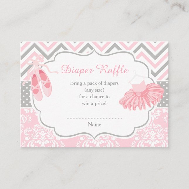 Tarjeta De Recepción Chevron Rosa y Gris Ballerina Baby Diaper Raffle (Anverso)