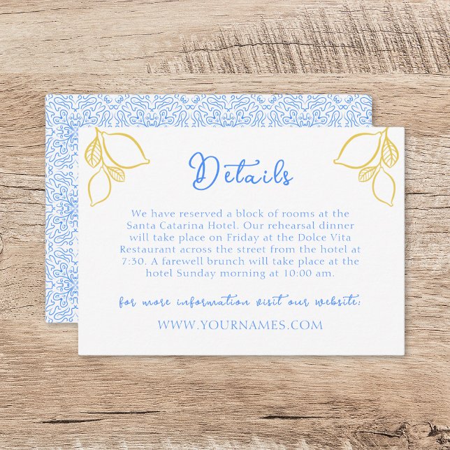 Tarjeta De Recepción Chic azulejo azul limón mediterráneo boda italiana (Subido por el creador)