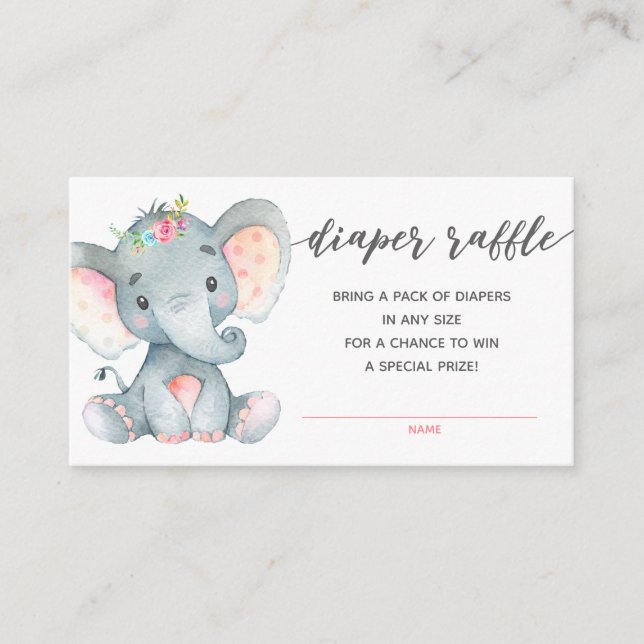 Tarjeta De Recepción Chica Baby Shower Diaper Raffle Ticket (Elefante) (Anverso)