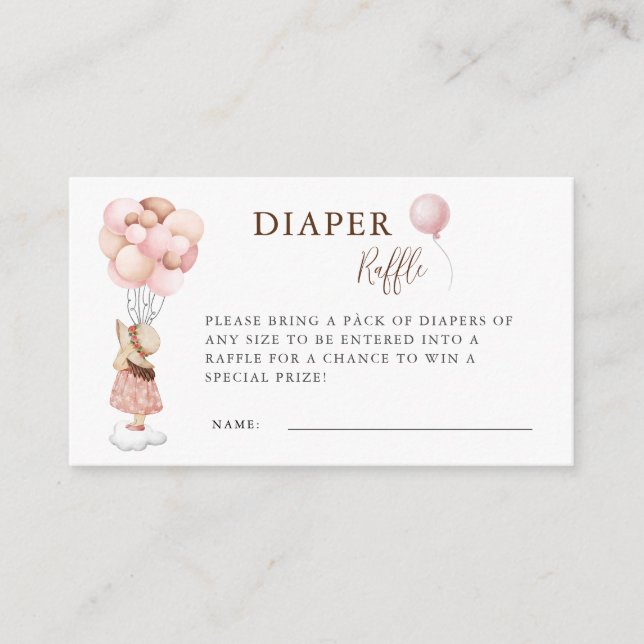 Tarjeta De Recepción Chica Baby Shower Flying Balloon Diaper Raffle (Anverso)