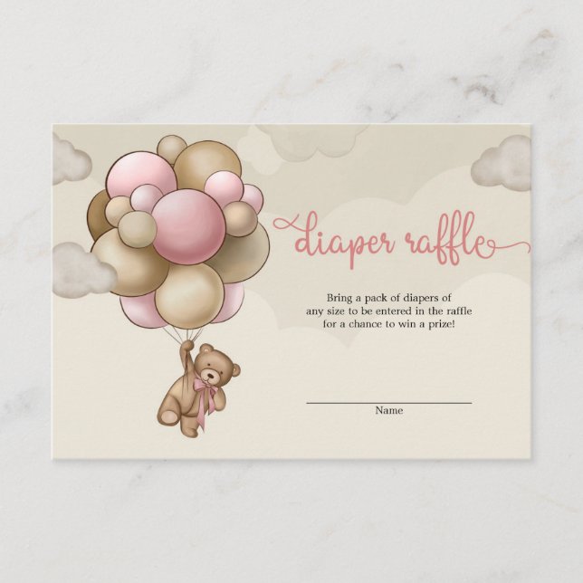 Tarjeta De Recepción Chica bebé oso globo rosa marrón rifa de pañales (Anverso)